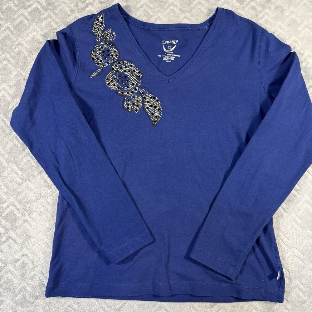 Chico's Zenergy Women's Top Sz Medium (1) Long Sleeve Floral Sequin Design NWOT